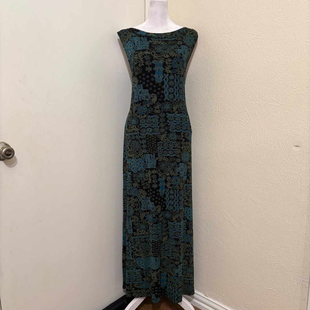 Vintage Blue Green Black Floral Paisley Sleeveless Maxi Dress Fairy Whimsigoth L